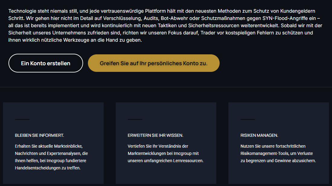 Sicherheitsbereich der Imcgroup Website mit Angaben zu Datenschutz, internen Kontrollen und technischer Absicherung