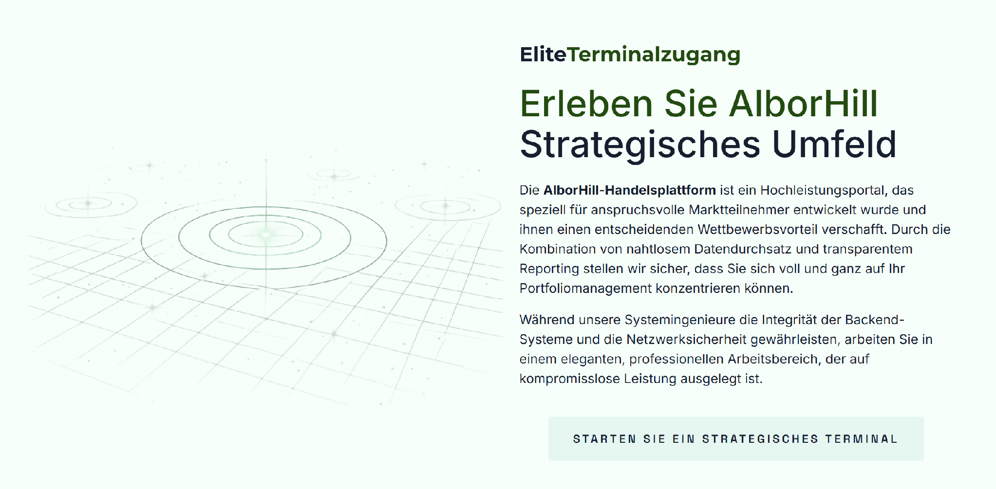 Übersicht der AlborHill-Handelsplattform mit Informationen zur Arbeitsumgebung und Plattformfunktionen.