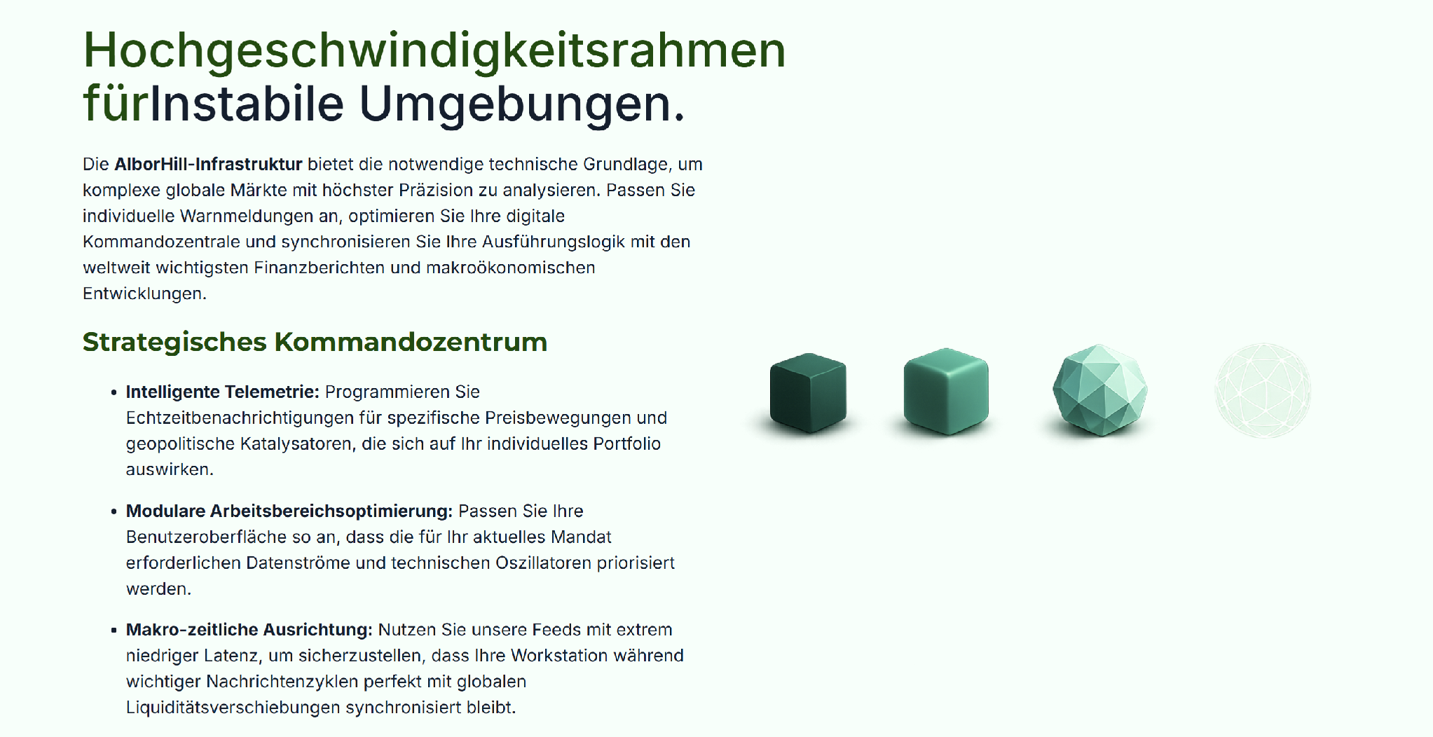 Bereich der AlborHill-Website mit Informationen zur Infrastruktur und technischen Plattformfunktionen.